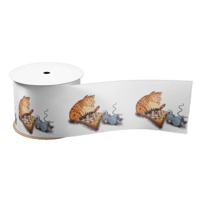 Cat and Mouse Playing Chess Cartoon Drawing Funny  Satin Ribbon (Spool)