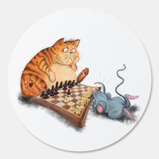 Cat and Mouse Playing Chess Cartoon Drawing Funny  Sign (Front)
