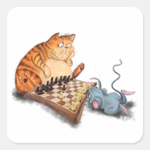 Cat and Mouse Playing Chess Cartoon Drawing Funny  Square Sticker