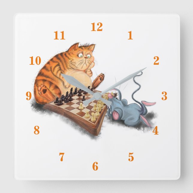 Cat and Mouse Playing Chess Cartoon Drawing Funny  Square Wall Clock (Front)