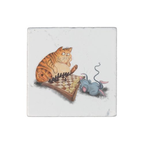 Cat and Mouse Playing Chess Cartoon Drawing Funny  Stone Magnet