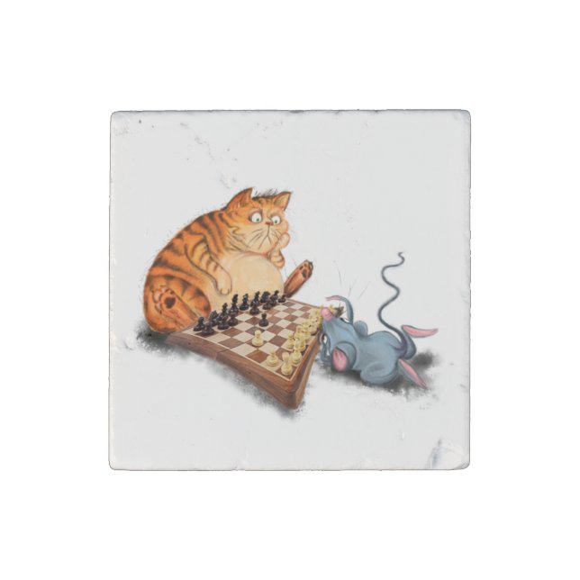 Cat and Mouse Playing Chess Cartoon Drawing Funny  Stone Magnet (Front)