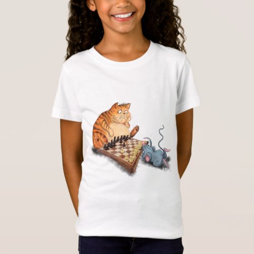 Cat and Mouse Playing Chess Cartoon Drawing Funny  T_Shirt