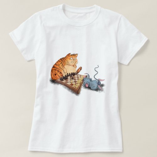 Cat and Mouse Playing Chess Cartoon Drawing Funny  T_Shirt