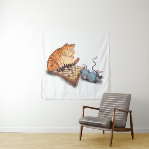 Cat and Mouse Playing Chess Cartoon Drawing Funny  Tapestry