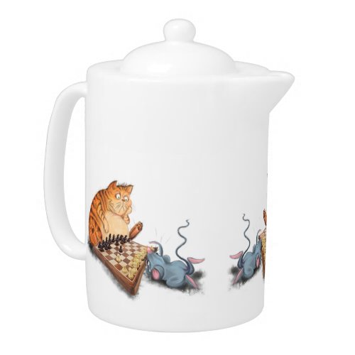 Cat and Mouse Playing Chess Cartoon Drawing Funny  Teapot