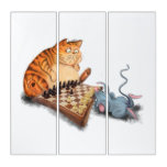 Cat and Mouse Playing Chess Cartoon Drawing Funny  Triptych