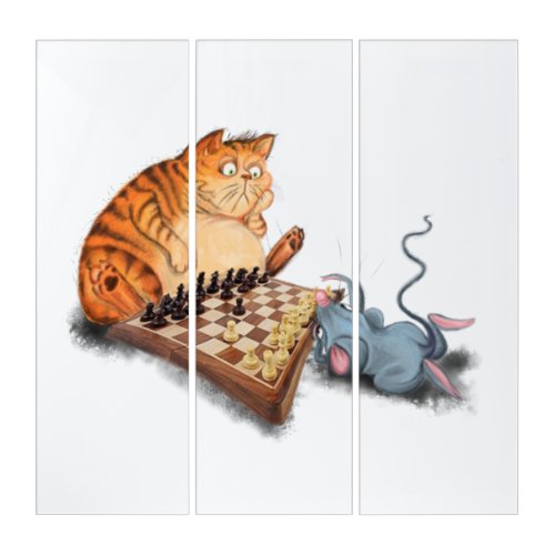 Cat and Mouse Playing Chess Cartoon Drawing Funny  Triptych