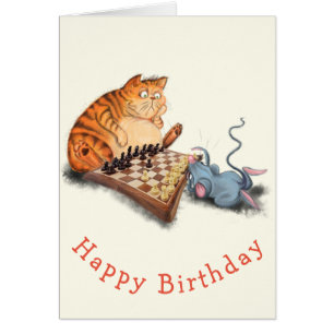 Cat and Mouse Playing Chess Cartoon Fun - Birthday Cards