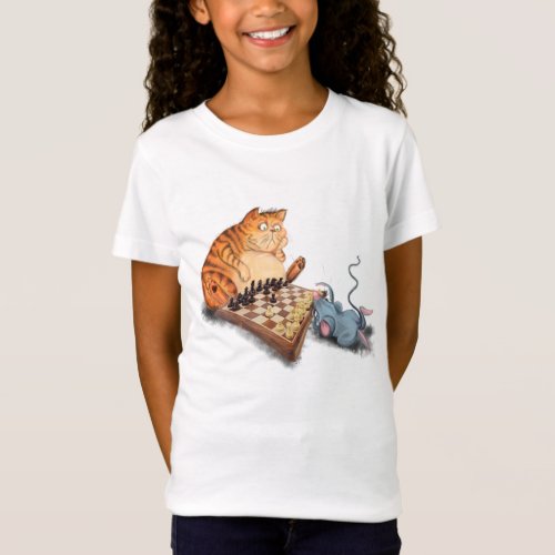 Cat and Mouse Playing Chess Cartoon Funny T_shirt
