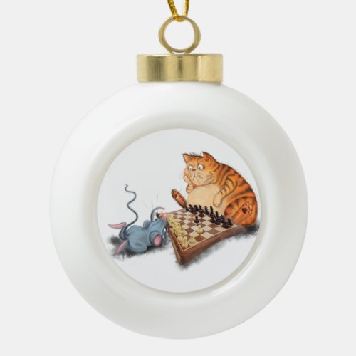 Cat and Mouse Playing Chess Christmas Ornament