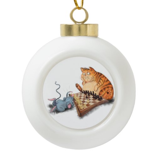 Cat and Mouse Playing Chess Christmas Ornament