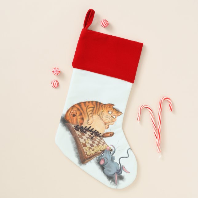 Cat and Mouse Playing Chess Christmas Stocking Fun (Front)