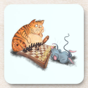 Cat and Mouse Playing Chess Coaster Fun