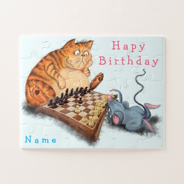 Cat and Mouse Playing Chess Custom Name Birthday Jigsaw Puzzle (Horizontal)