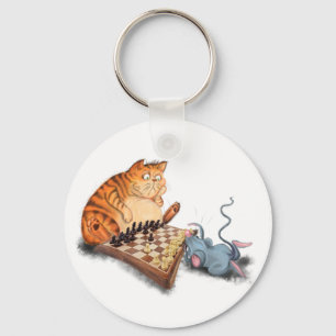Cat and Mouse Playing Chess Fun Keychain