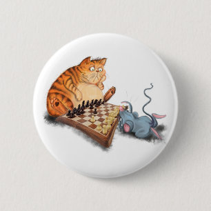 Cat and Mouse Playing Chess Funny Button