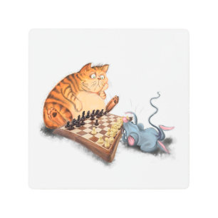 Cat and Mouse Playing Chess Funny Metal Print