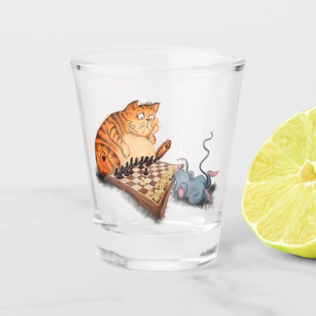 Cat and Mouse Playing Chess Funny Shot Glass (Front)