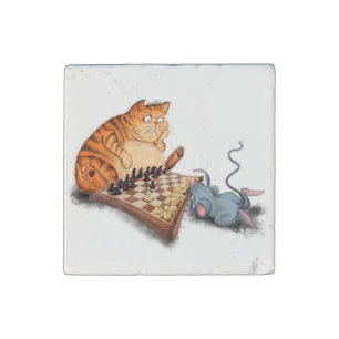 Cat and Mouse Playing Chess Funny Stone Magnet