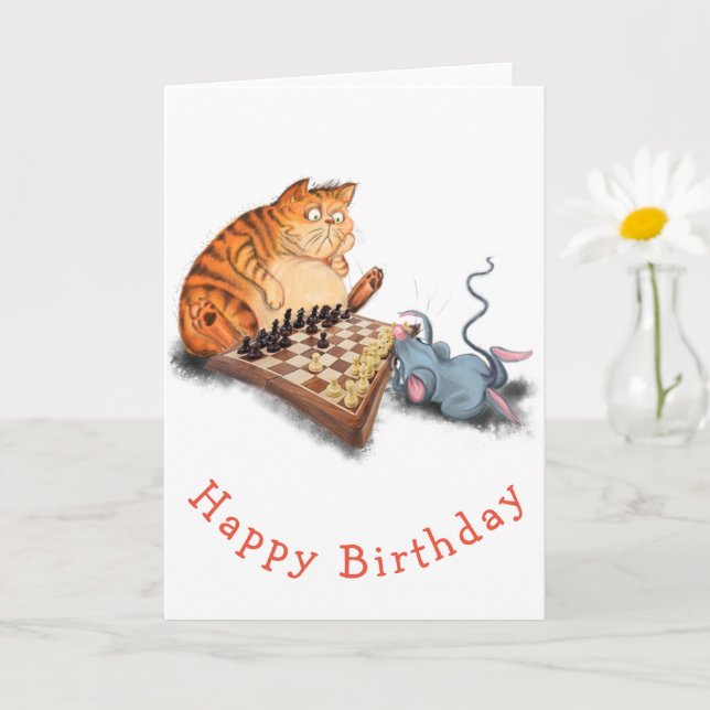 Cat and Mouse Playing Chess Happy Birthday Card (Small Plant)