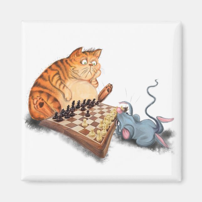 Cat and Mouse Playing Chess Magnet (Front)