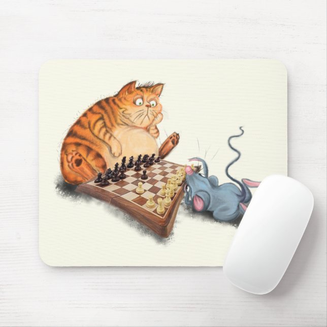 Cat and Mouse Playing Chess Mouse Pad (With Mouse)