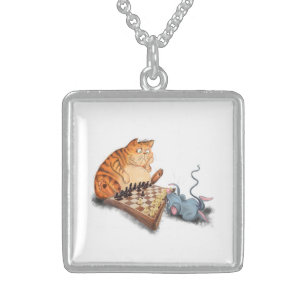 Cat and Mouse Playing Chess Necklace Funny 