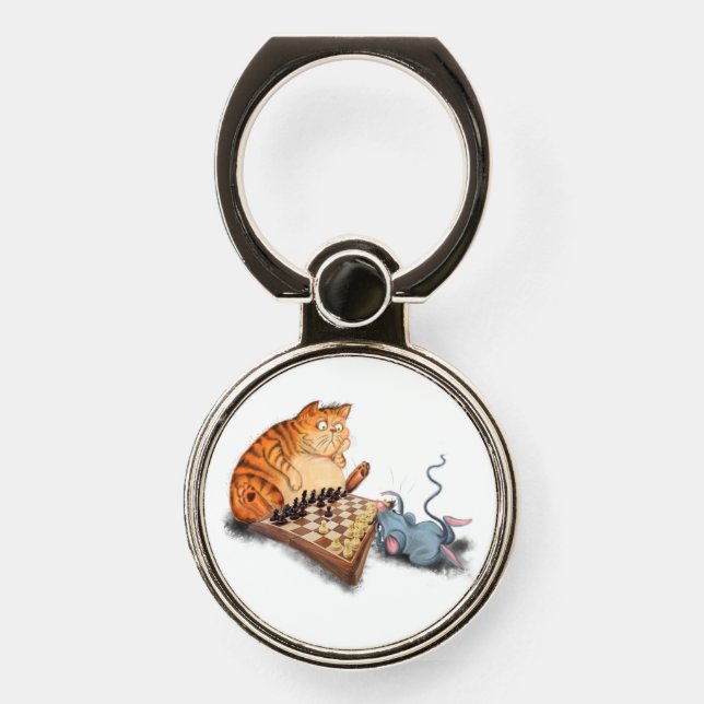Cat and Mouse Playing Chess Phone Ring Stand (Front)