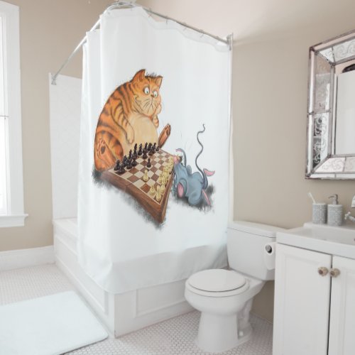 Cat and Mouse Playing Chess Shower Curtain Funny