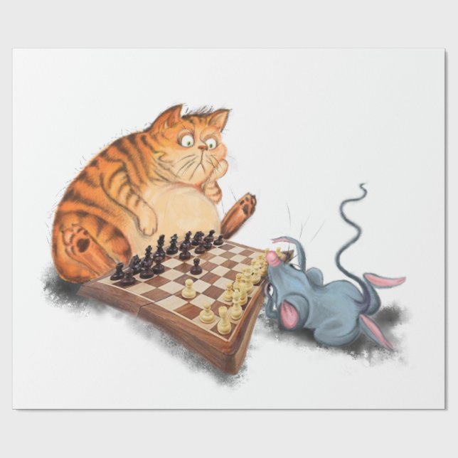Cat and Mouse Playing Chess Wrapping Paper (Flat)