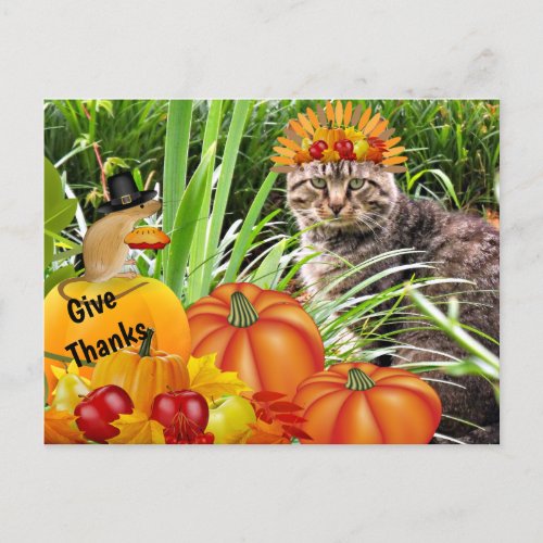 Cat and Mouse Thanksgiving  Give Thanks Collage Postcard