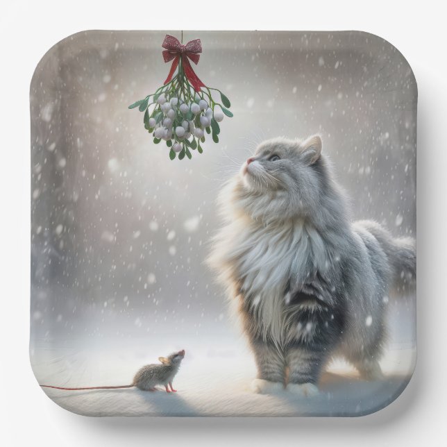 Cat and Mouse Under Mistletoe Paper Plates (Front)
