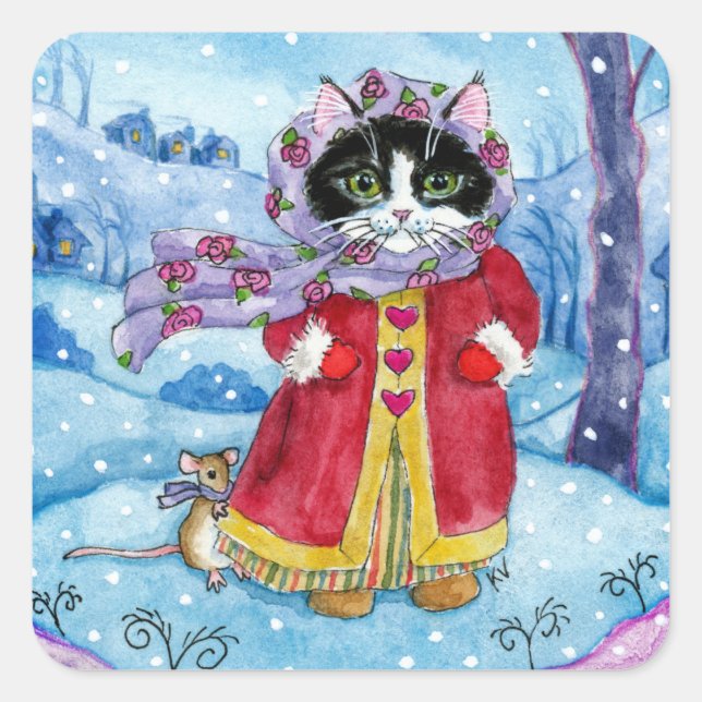 Cat and mouse winter valentine stickers (Front)
