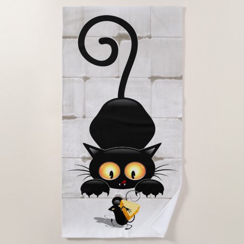 Cat and Mouse with Cheese Fun Cartoon Characters Beach Towel