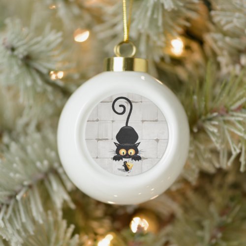 Cat and Mouse with Cheese Fun Cartoon Characters Ceramic Ball Christmas Ornament