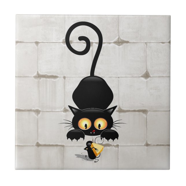 Cat and Mouse with Cheese Fun Cartoon Characters Ceramic Tile (Front)