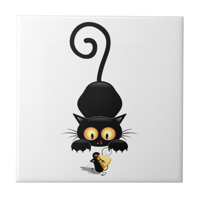 Cat and Mouse with Cheese Fun Cartoon Characters Ceramic Tile (Front)
