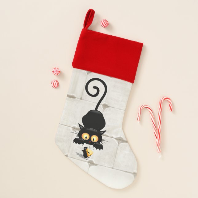 Cat and Mouse with Cheese Fun Cartoon Characters Christmas Stocking (Front)