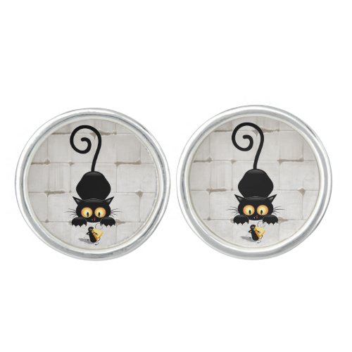 Cat and Mouse with Cheese Fun Cartoon Characters Cufflinks