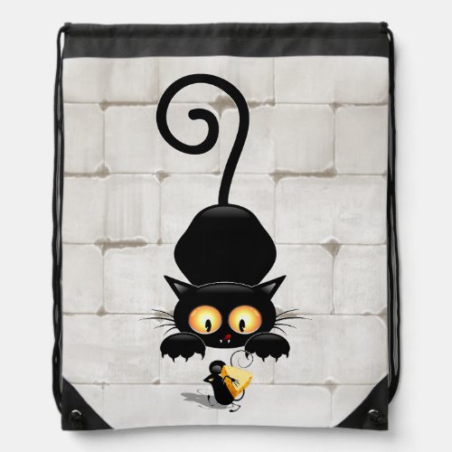 Cat and Mouse with Cheese Fun Cartoon Characters Drawstring Bag