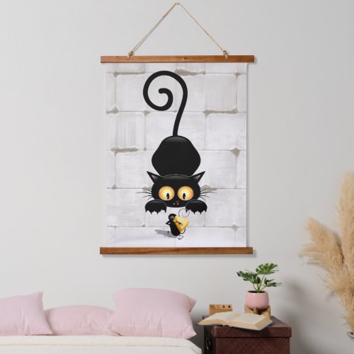 Cat and Mouse with Cheese Fun Cartoon Characters Hanging Tapestry