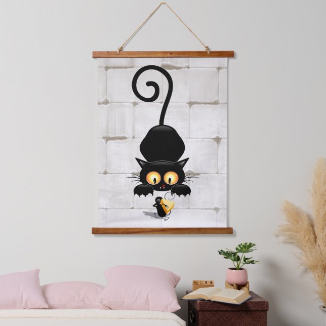 Cat and Mouse with Cheese Fun Cartoon Characters Hanging Tapestry (Bedroom)