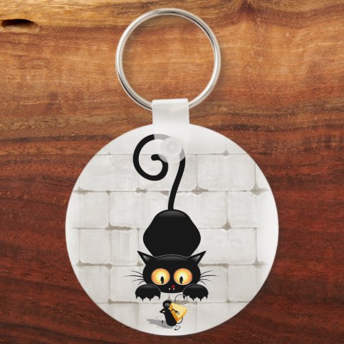 Cat and Mouse with Cheese Fun Cartoon Characters Keychain