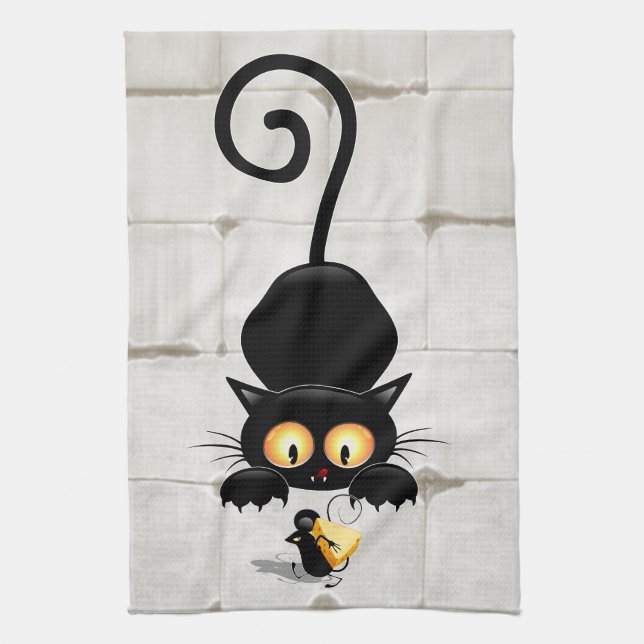 Cat and Mouse with Cheese Fun Cartoon Characters Kitchen Towel (Vertical)