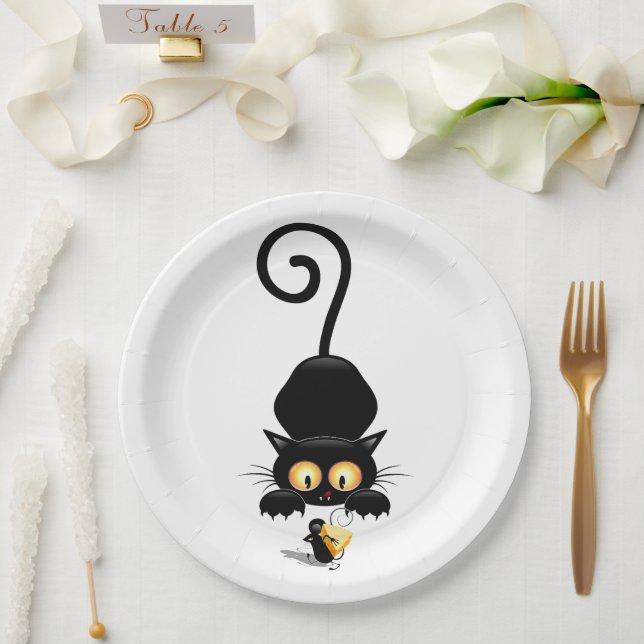 Cat and Mouse with Cheese Fun Cartoon Characters Paper Plates (Wedding)