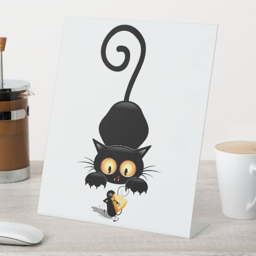 Cat and Mouse with Cheese Fun Cartoon Characters Pedestal Sign