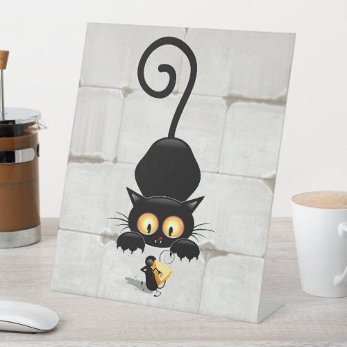 Cat and Mouse with Cheese Fun Cartoon Characters Pedestal Sign