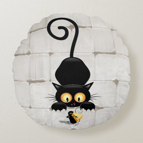 Cat and Mouse with Cheese Fun Cartoon Characters Round Pillow