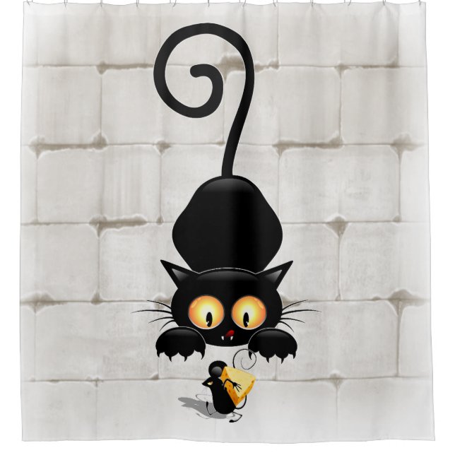 Cat and Mouse with Cheese Fun Cartoon Characters Shower Curtain (Front)